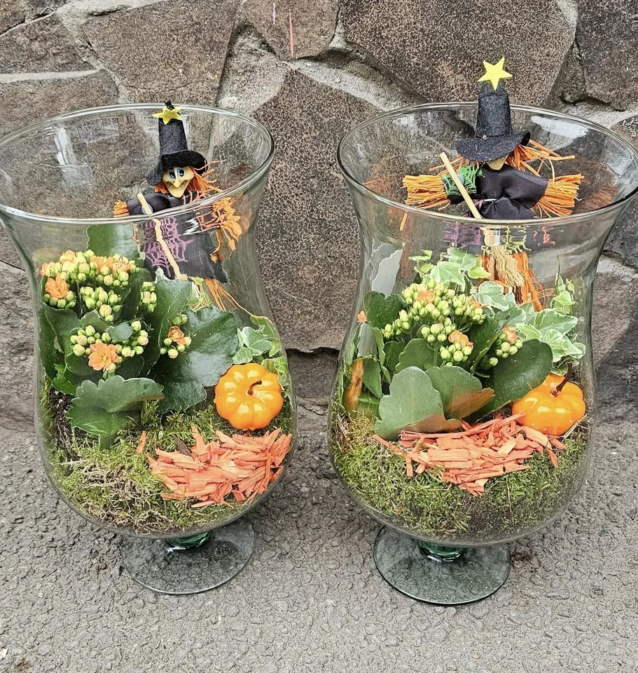 Aranjamente de toamnă în vase de sticlă, cu dovlecei și kalanchoe